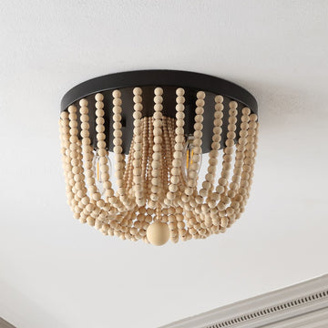 Eivissa 13" Coastal Farmhouse Iron/Wood Bead LED Flush Mount - JONATHAN Y
